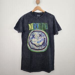 NIRVANA Smiley Multi Color Black Acid Wash Tie Dye Tee Unisex L Grunge